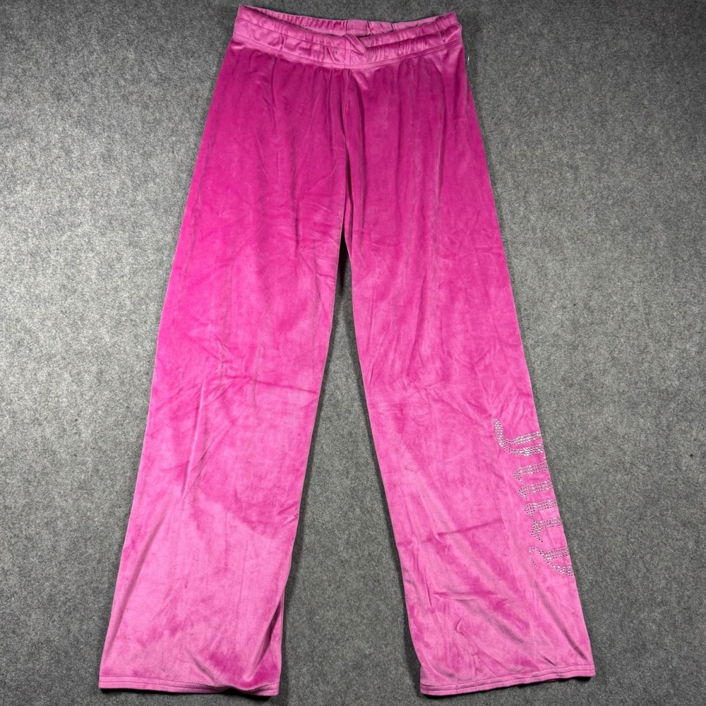 Juicy Couture Womens Pink Velour Rhinestone Logo Wide Leg Lounge Pants Large Y2K